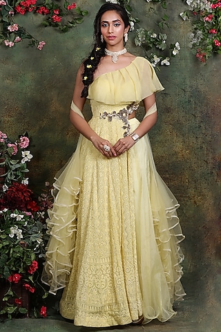 Lemon Yellow Lucknowi Embroidered Anarkali Set by Archana Kochhar