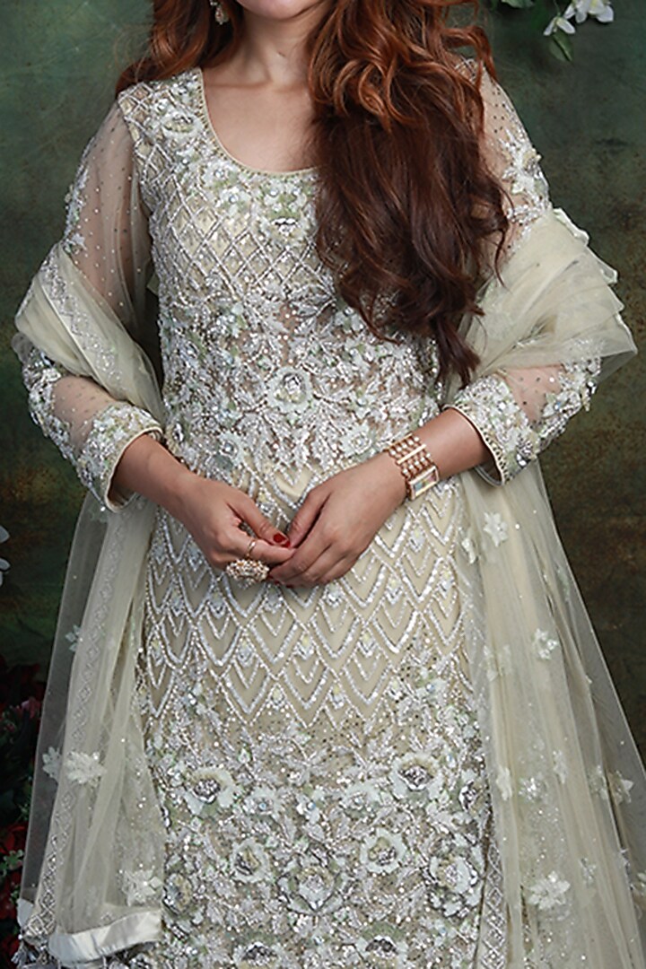 Light Olive Green Georgette Wedding Lehenga Set by Archana Kochhar at Pernia's Pop Up Shop