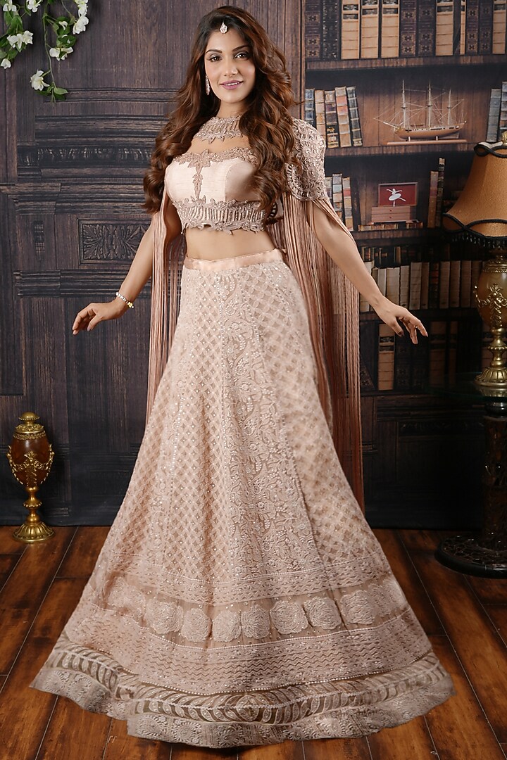 Salmon Pink Embroidered Jacket Wedding Lehenga Set by Archana Kochhar at Pernia's Pop Up Shop