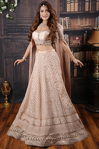 Salmon Pink Embroidered Jacket Lehenga Set by Archana Kochhar