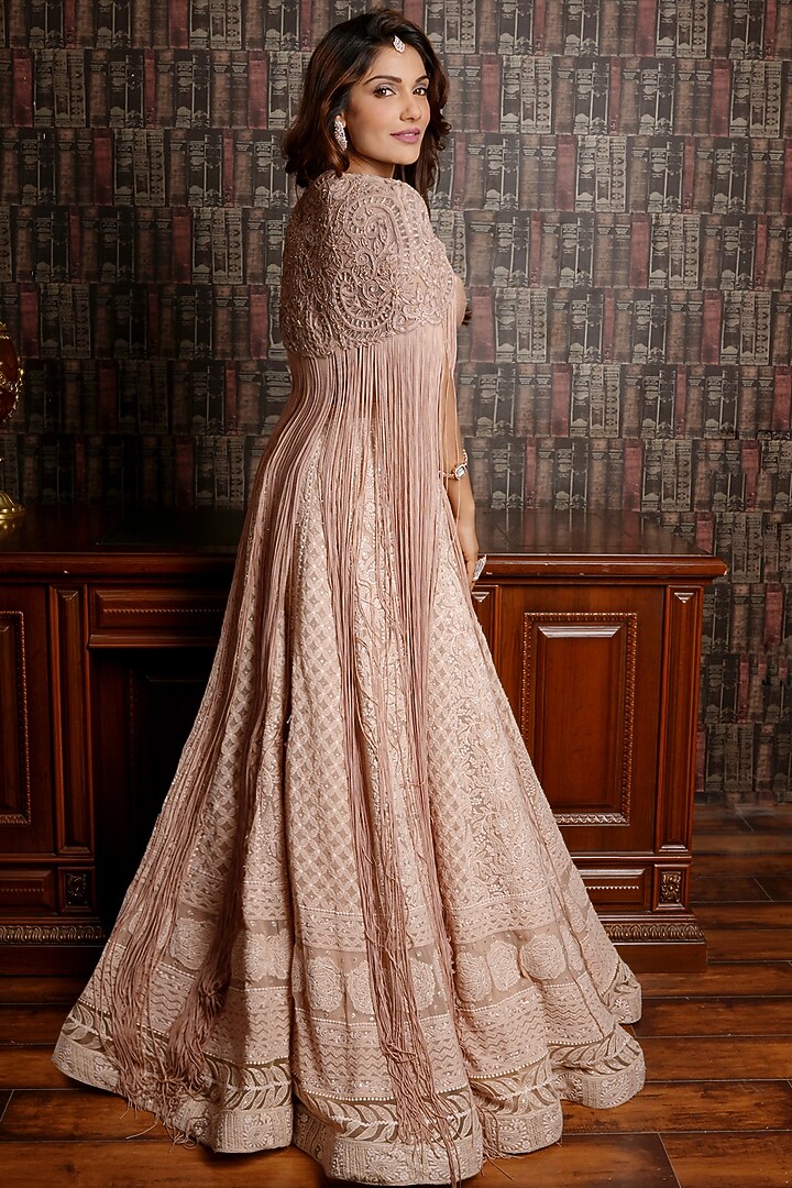 Salmon Pink Embroidered Jacket Wedding Lehenga Set by Archana Kochhar at Pernia's Pop Up Shop