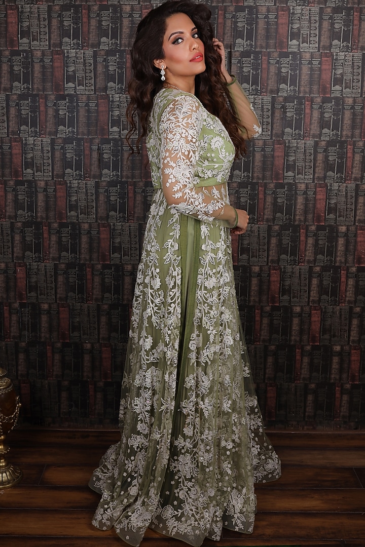Light Green Embroidered Bridal Anarkali Set by Archana Kochhar at Pernia's Pop Up Shop