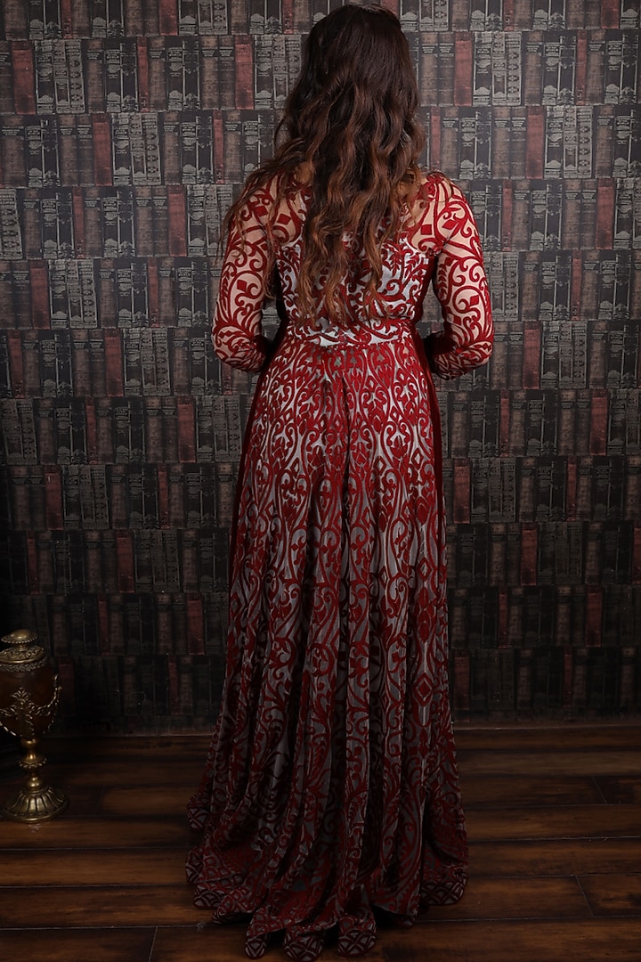 Red Embroidered Wedding Anarkali Set by Archana Kochhar at Pernia's Pop Up Shop
