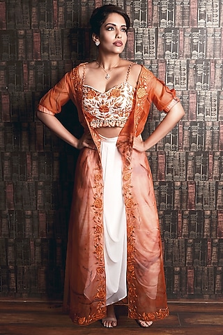 Orange Embroidered Jacket Set by Archana Kochhar