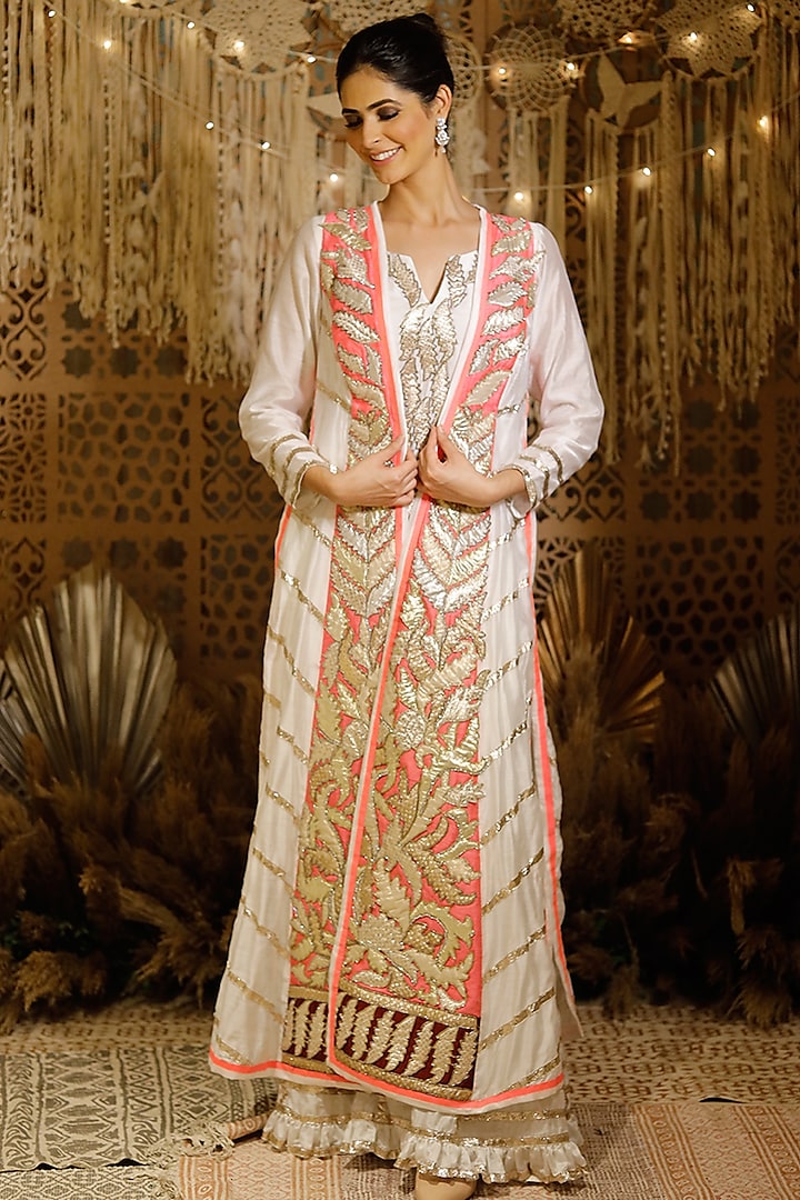 Ivory & Pink Gota Embroidered Jacket Set by Archana Kochhar