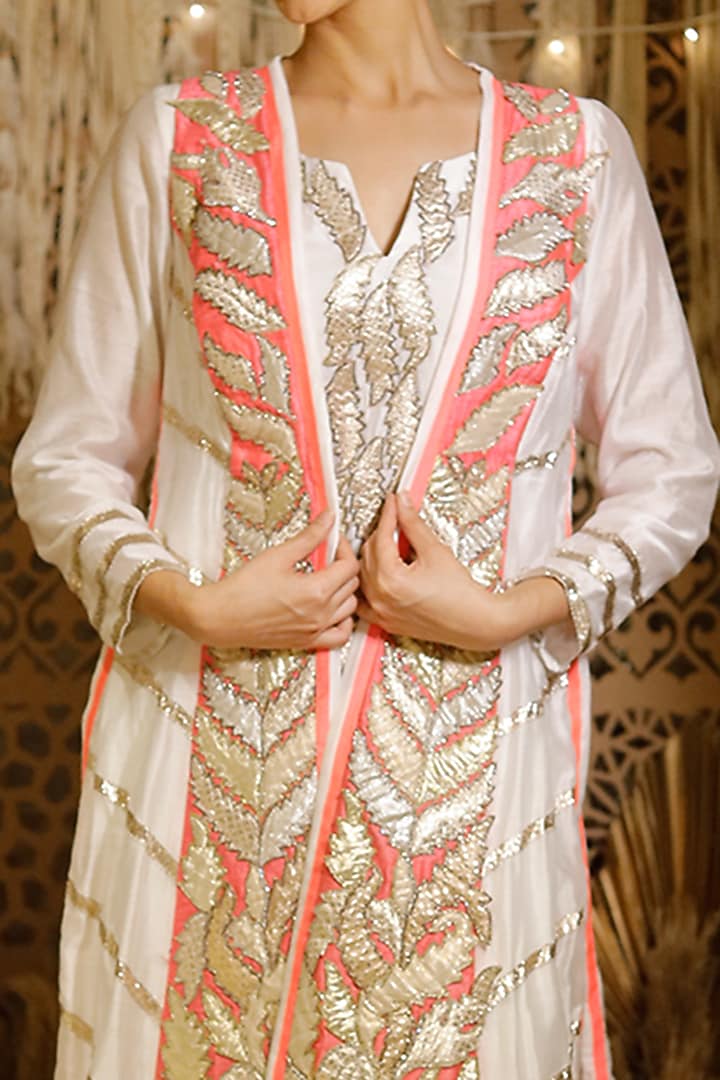 Ivory & Pink Gota Embroidered Jacket Set by Archana Kochhar at Pernia's Pop Up Shop