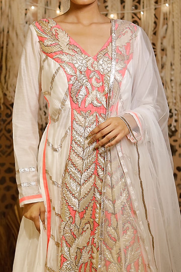 Ivory & Pink Gota Embroidered Wedding Anarkali Set by Archana Kochhar at Pernia's Pop Up Shop