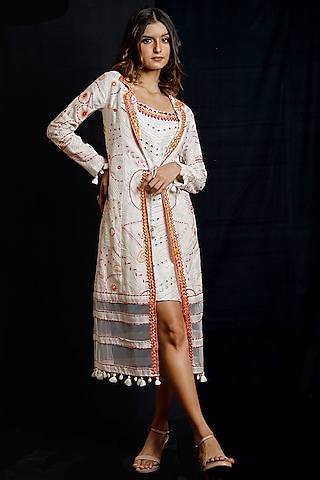 Ivory Embroidered Jacket Dress by Archana Kochhar