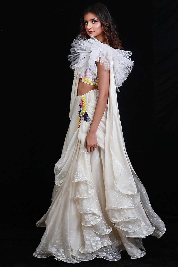 Ivory Chanderi Hand Embroidered Draped Wedding Saree Set by Archana Kochhar at Pernia's Pop Up Shop