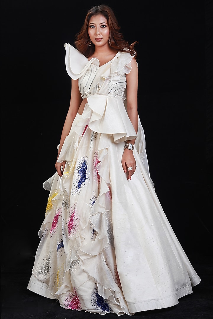 Ivory Sequins Hand Embroidered Wedding Lehenga Set by Archana Kochhar at Pernia's Pop Up Shop