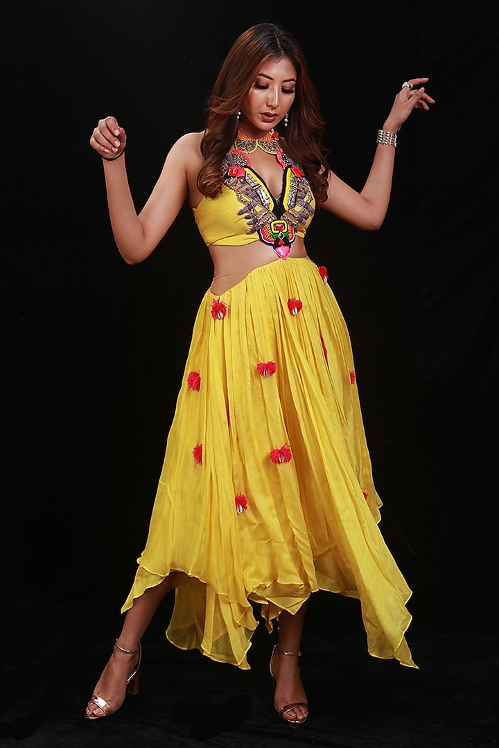 Yellow Hand Embroidered Handkerchief Skirt Set by Archana Kochhar