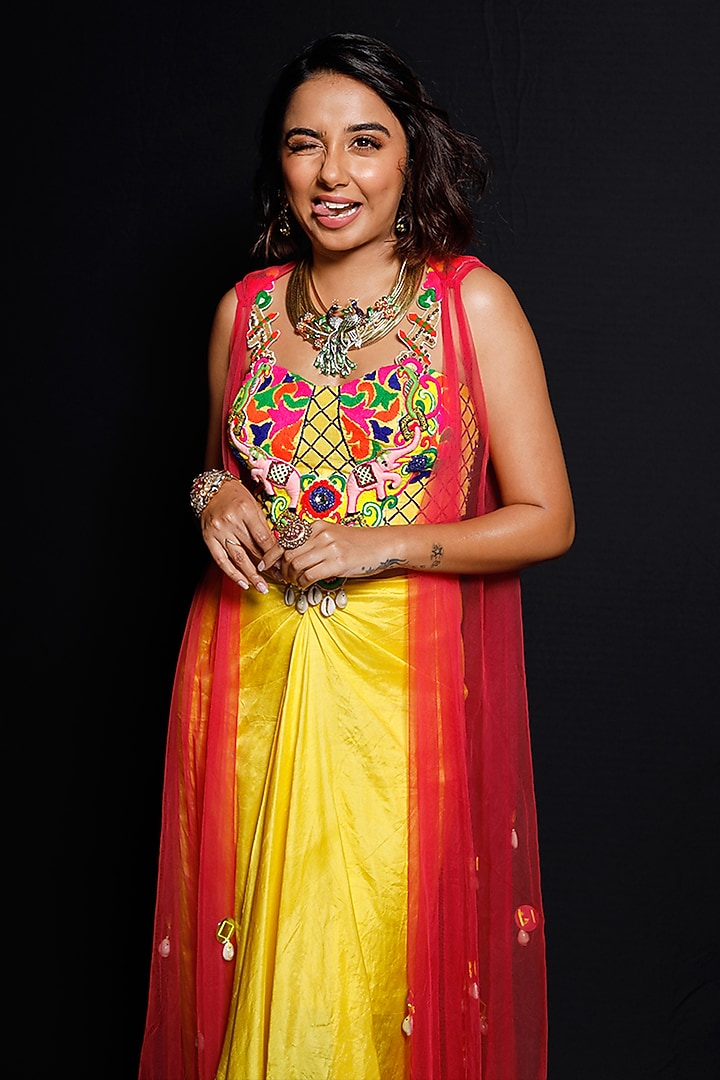 Yellow Knotted Draped Skirt Set by Archana Kochhar at Pernia's Pop Up Shop