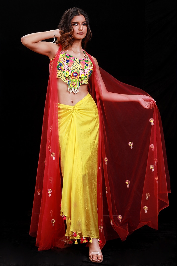 Yellow Knotted Draped Skirt Set by Archana Kochhar at Pernia's Pop Up Shop