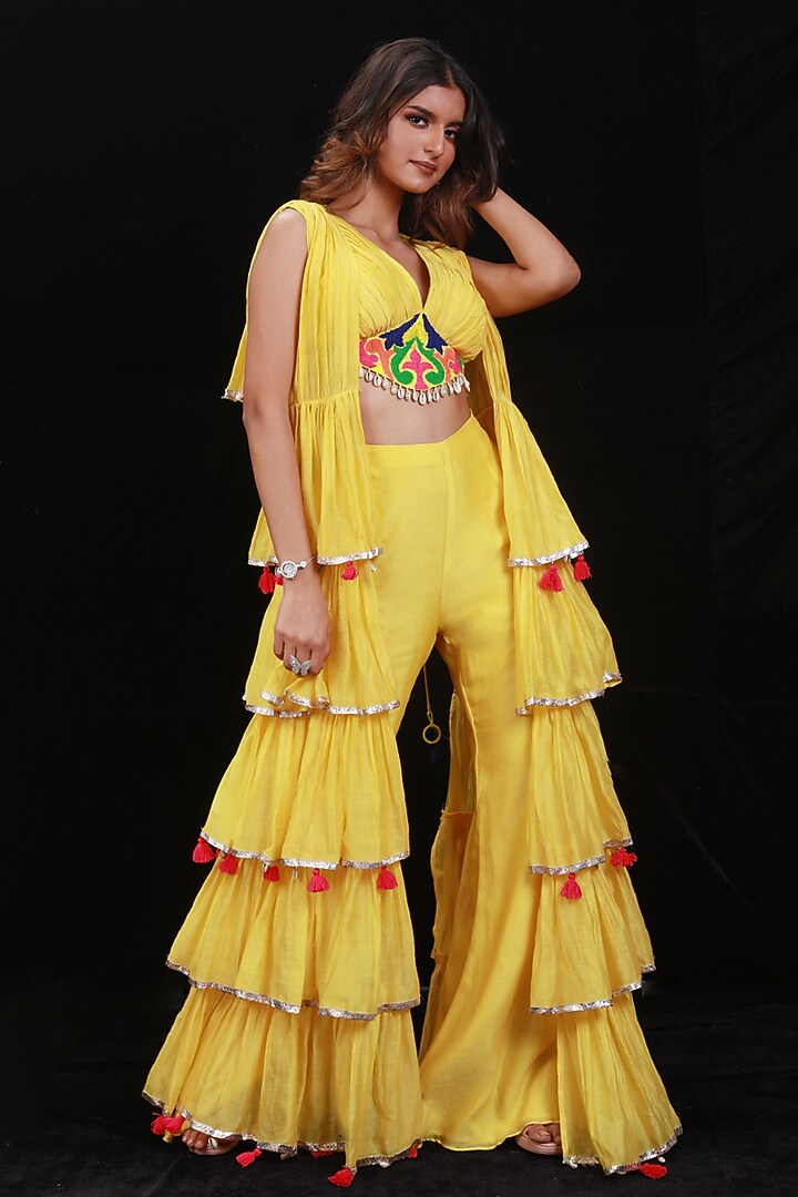 Yellow Chanderi Jacket Set by Archana Kochhar at Pernia's Pop Up Shop