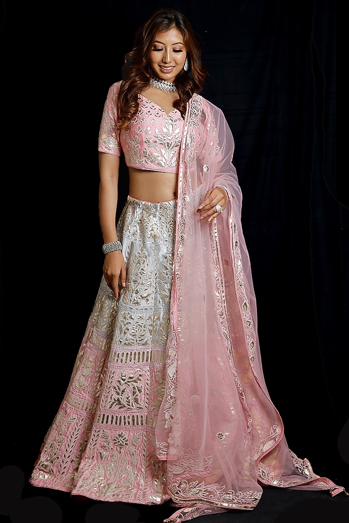 Pink & Blue Embroidered Wedding Lehenga Set by Archana Kochhar at Pernia's Pop Up Shop