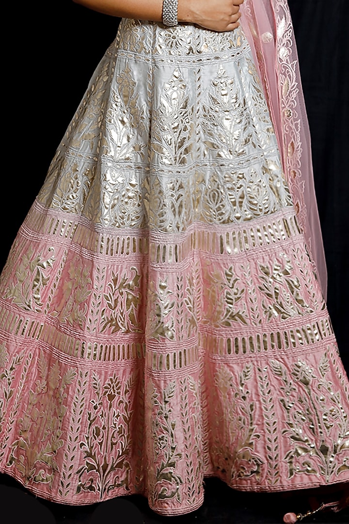 Pink & Blue Embroidered Wedding Lehenga Set by Archana Kochhar at Pernia's Pop Up Shop