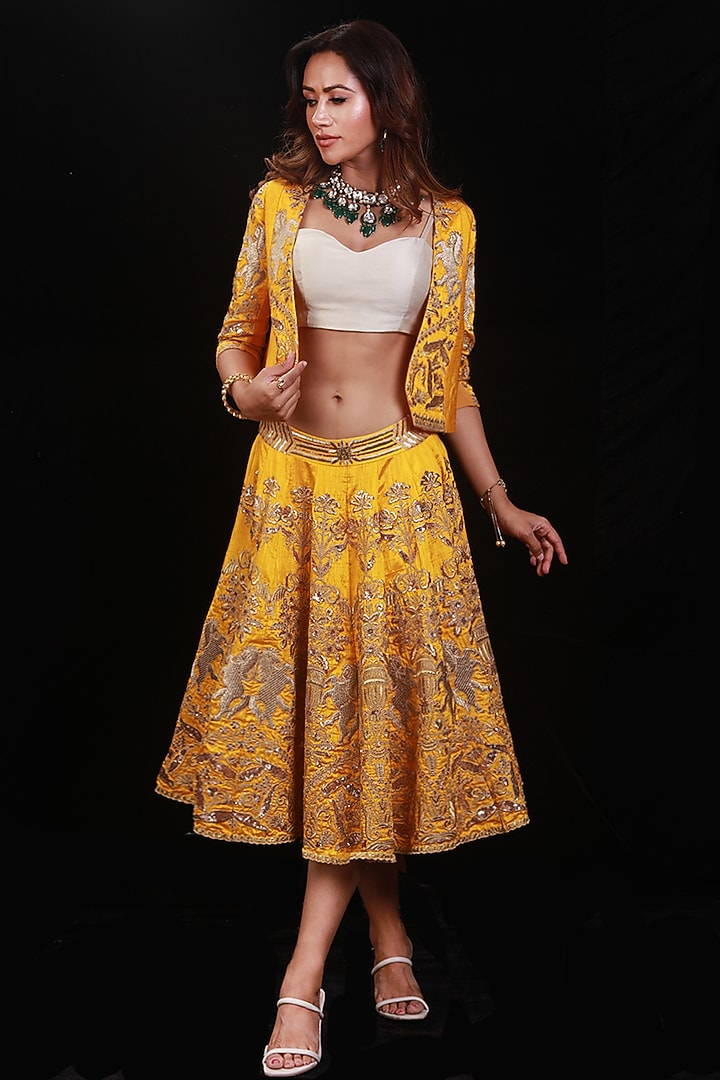 Mustard Hand Embroidered Jacket Wedding Lehenga Set by Archana Kochhar at Pernia's Pop Up Shop
