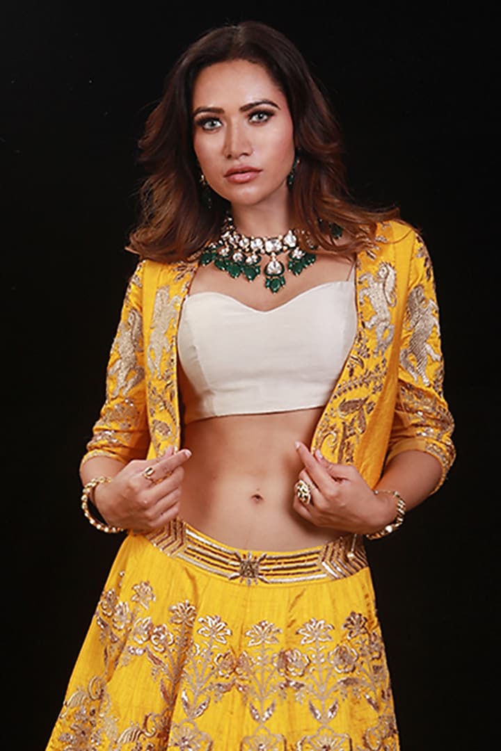 Mustard Hand Embroidered Jacket Wedding Lehenga Set by Archana Kochhar at Pernia's Pop Up Shop