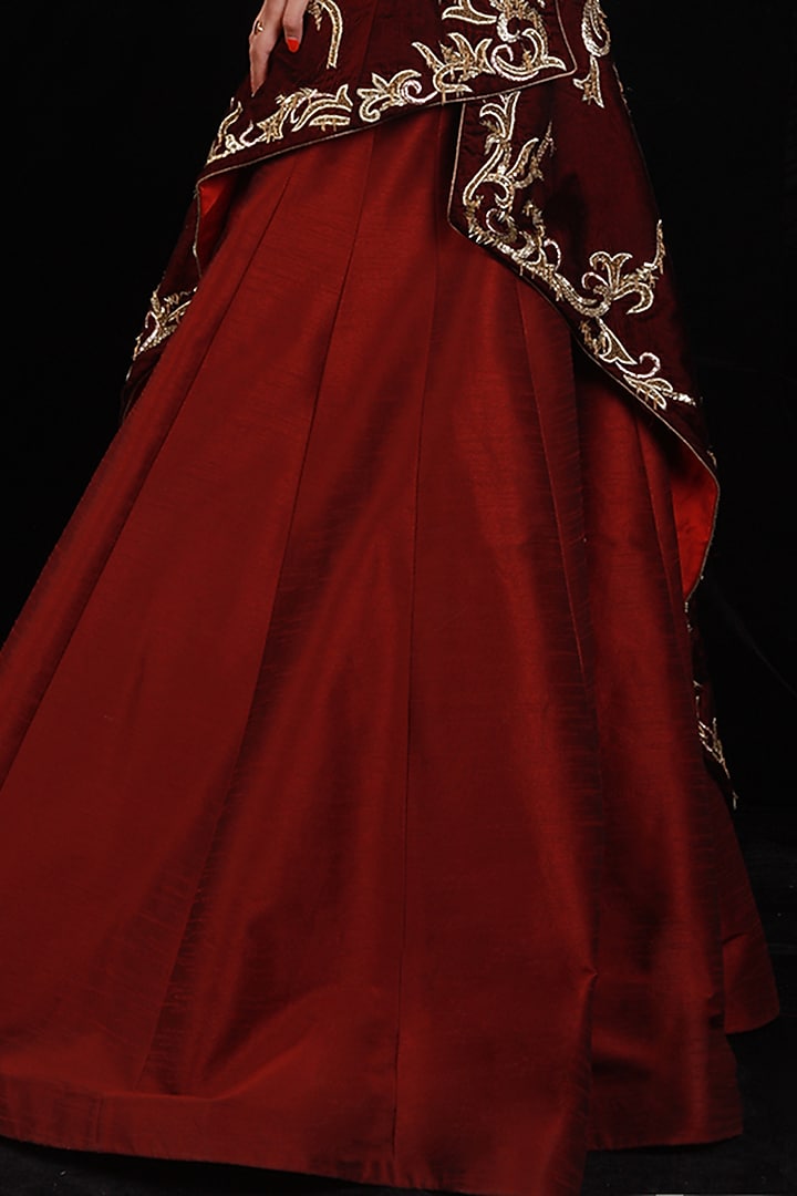 Maroon Raw Silk Jacket Bridal Lehenga Set by Archana Kochhar at Pernia's Pop Up Shop