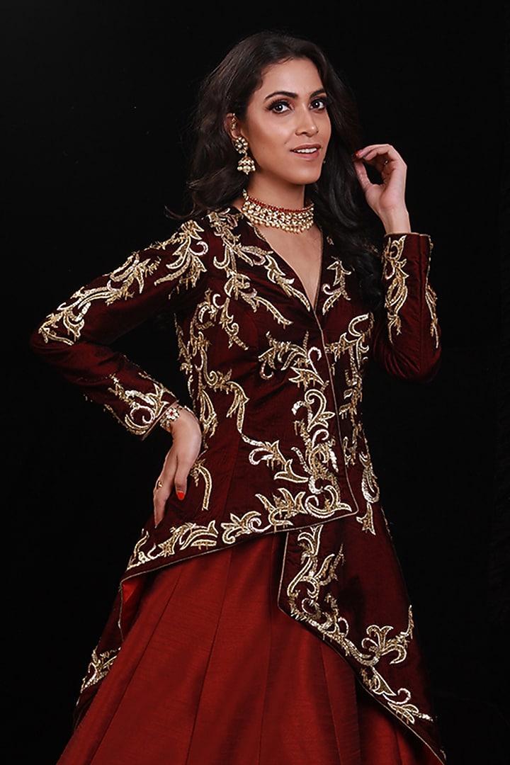 Maroon Raw Silk Jacket Bridal Lehenga Set by Archana Kochhar at Pernia's Pop Up Shop