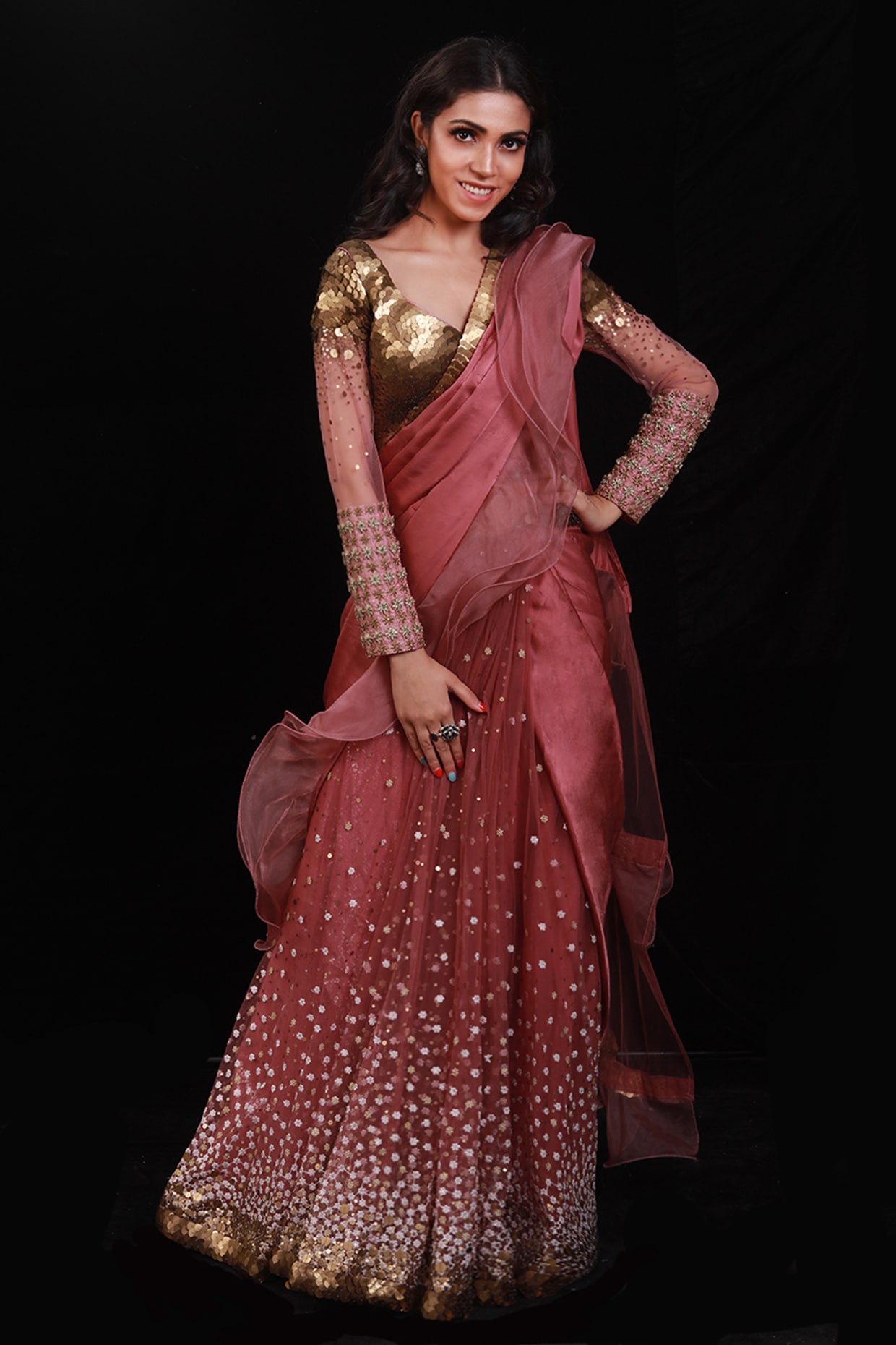 Salmon Color Georgette Party Wear Ruffles Saree | Lovely Wedding Mall