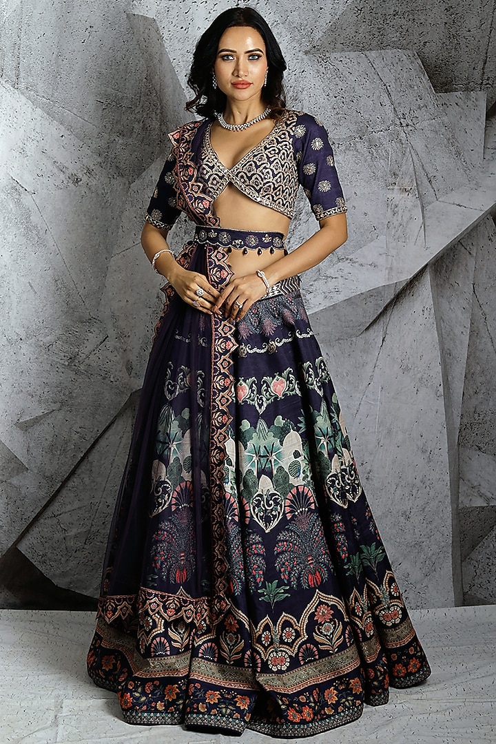 Blue Silk Printed Wedding Lehenga Set by Archana Kochhar at Pernia's Pop Up Shop