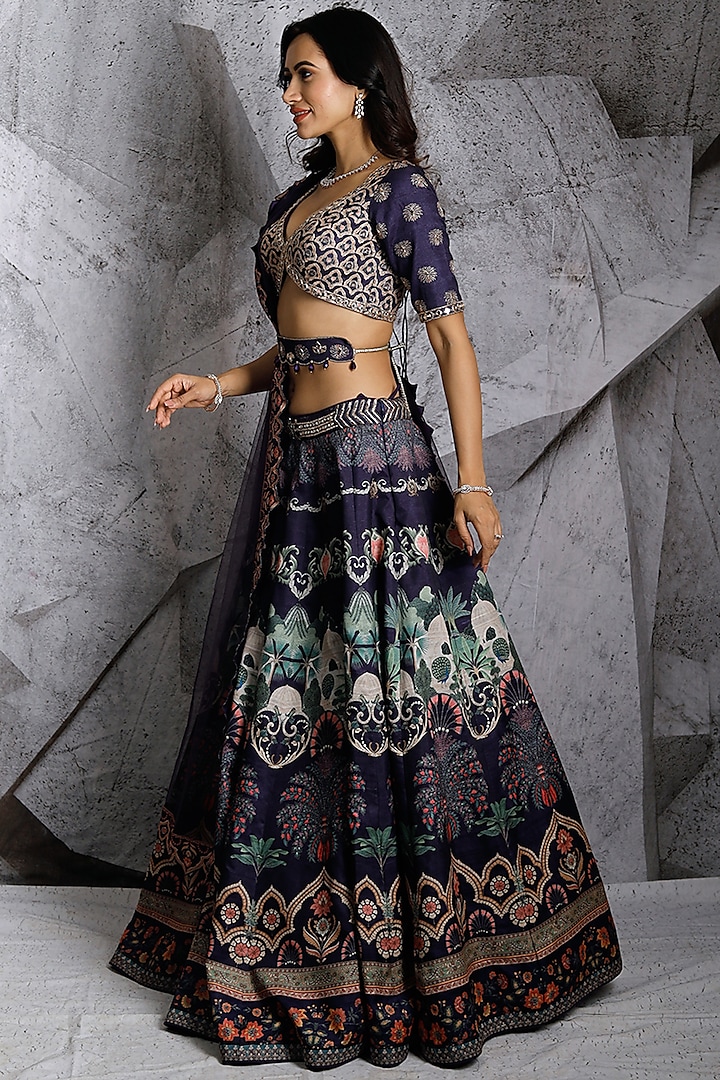 Blue Silk Printed Wedding Lehenga Set by Archana Kochhar at Pernia's Pop Up Shop