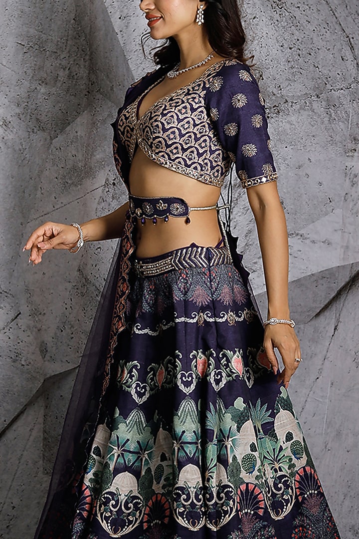 Blue Silk Printed Wedding Lehenga Set by Archana Kochhar at Pernia's Pop Up Shop