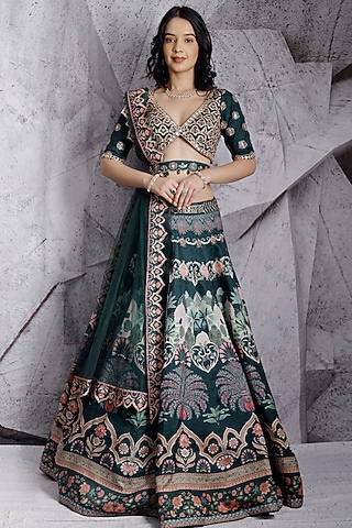 Green Silk Printed Lehenga Set by Archana Kochhar