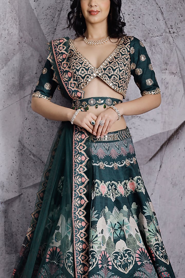 Green Silk Printed Wedding Lehenga Set by Archana Kochhar at Pernia's Pop Up Shop