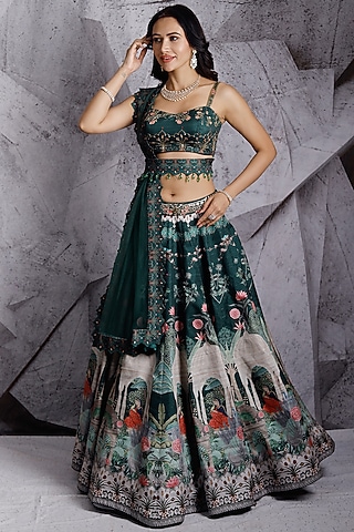 Green Lehenga Set With Print by Archana Kochhar