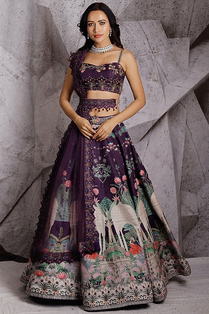 Purple Wedding Lehenga Set With Print by Archana Kochhar at Pernia's Pop Up Shop