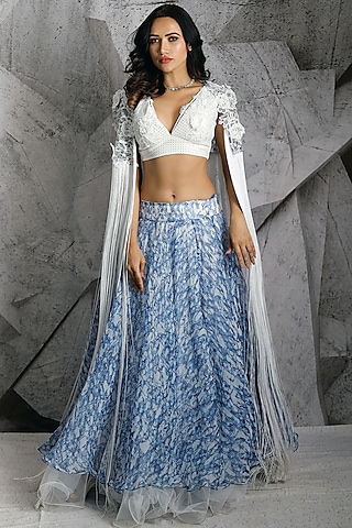 Blue Printed Jacket Lehenga Set by Archana Kochhar