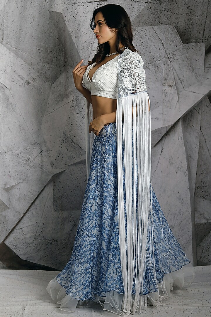Blue Printed Jacket Wedding Lehenga Set by Archana Kochhar at Pernia's Pop Up Shop