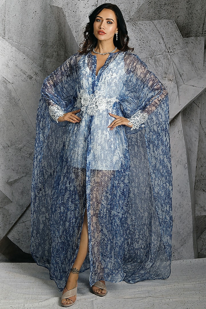 Blue Organza Printed Kaftan With Dress by Archana Kochhar