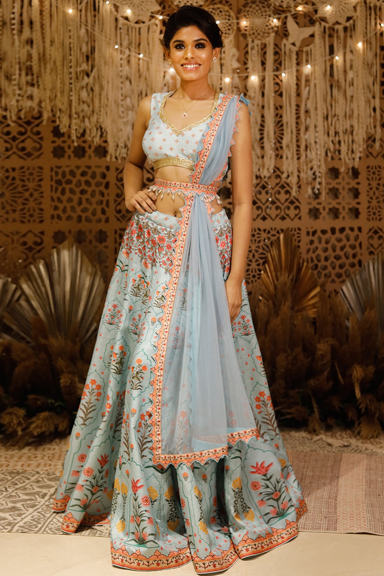 Dusty Blue Lehenga Set with Floral Embroidery - Seasons India