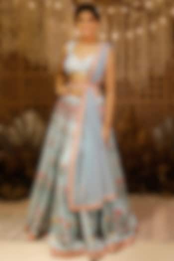 Light Blue Floral Printed Lehenga Set by Archana Kochhar at Pernia's Pop Up Shop