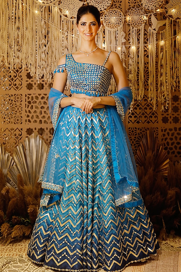 Blue Wedding Lehenga Set With Digital Print by Archana Kochhar at Pernia's Pop Up Shop