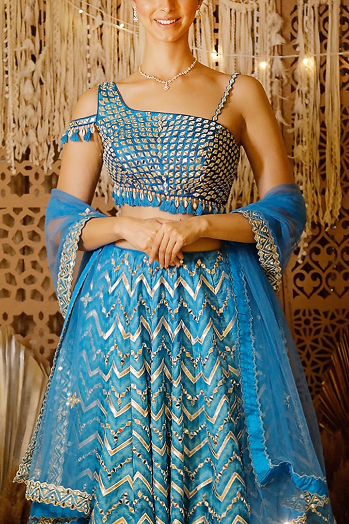 Blue Wedding Lehenga Set With Digital Print by Archana Kochhar at Pernia's Pop Up Shop