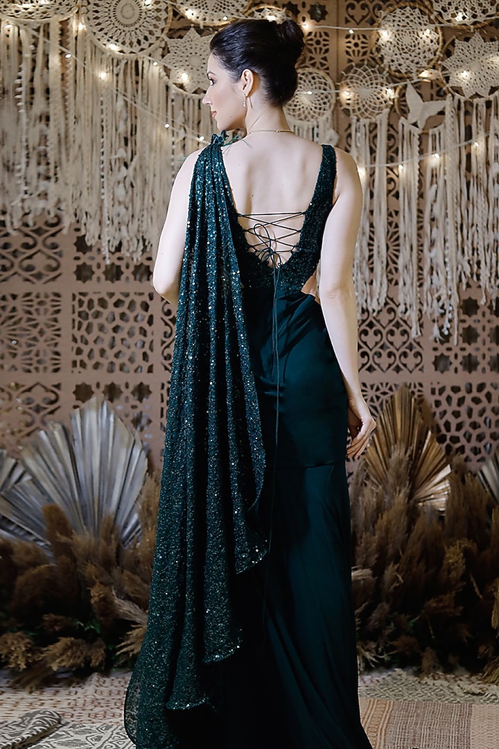 Green Embroidered Wedding Gown Saree by Archana Kochhar at Pernia's Pop Up Shop