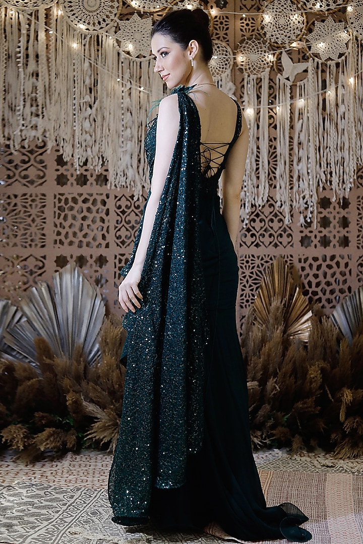 Green Embroidered Wedding Gown Saree by Archana Kochhar at Pernia's Pop Up Shop