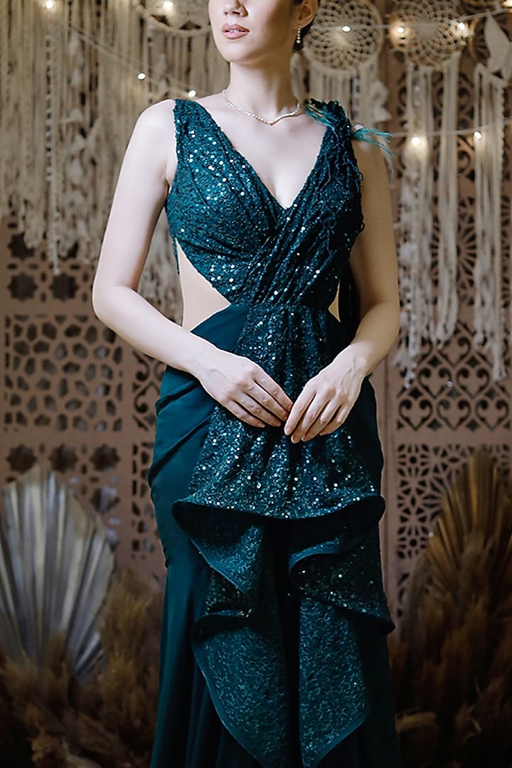 Green Embroidered Wedding Gown Saree by Archana Kochhar at Pernia's Pop Up Shop