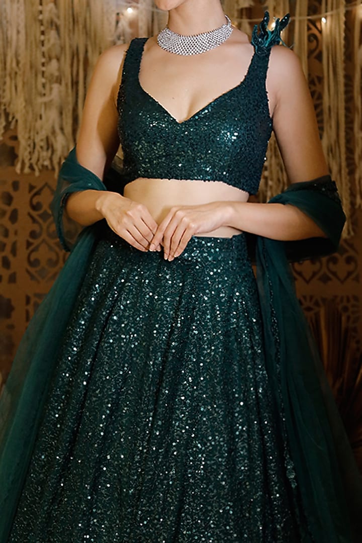 Green Sequins Wedding Lehenga Set by Archana Kochhar at Pernia's Pop Up Shop