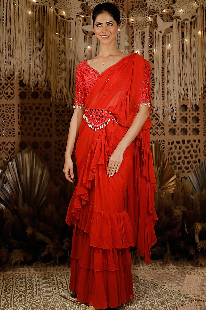 Red Georgette Ruffled Saree Set by Archana Kochhar at Pernia's Pop Up Shop