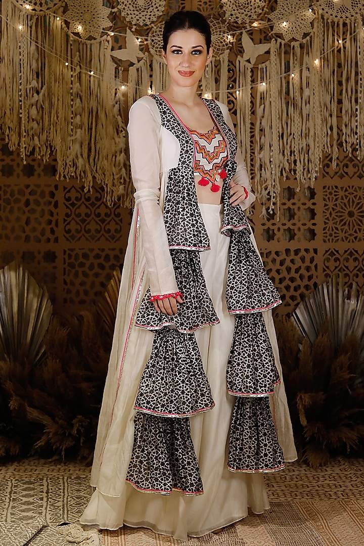 Black & White Chanderi Printed Jacket Set by Archana Kochhar at Pernia's Pop Up Shop