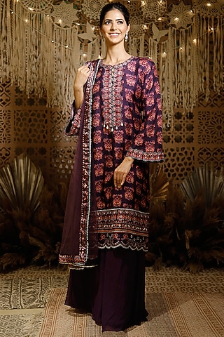 Purple Raw Silk Embroidered Kurta Set by Archana Kochhar