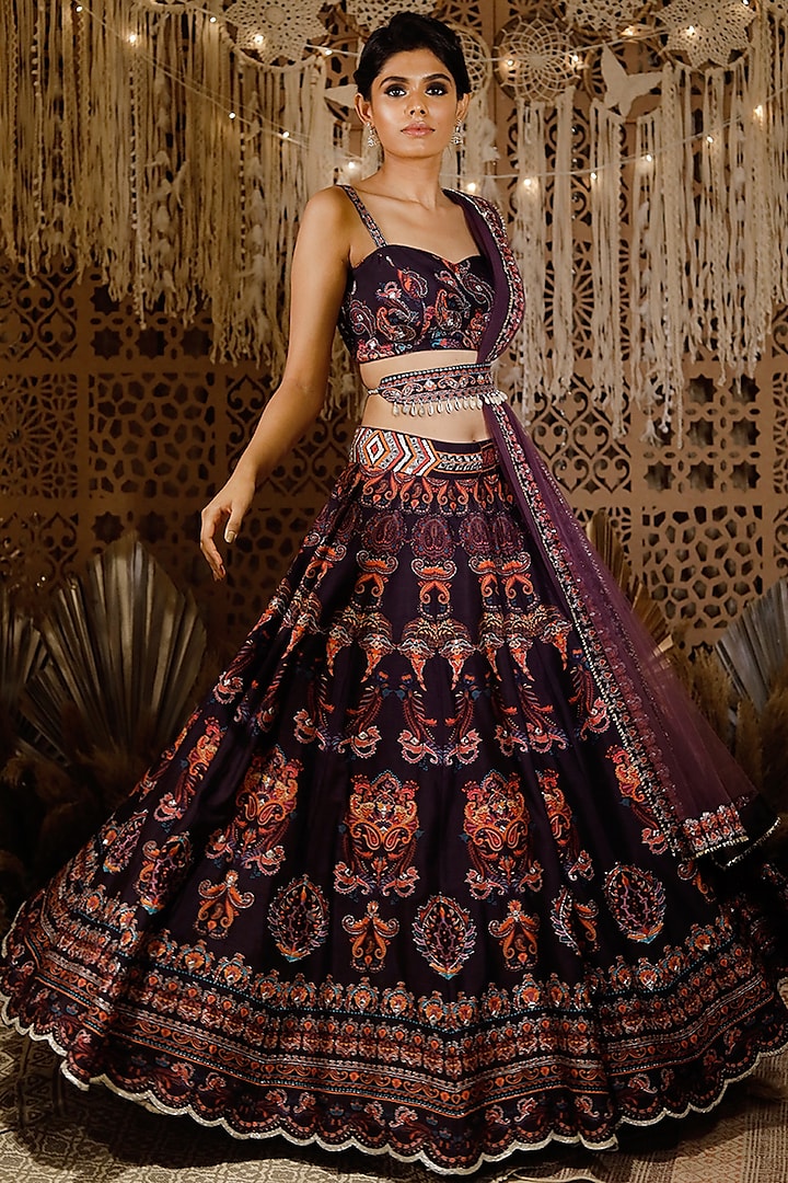 Purple Printed & Embroidered Wedding Lehenga Set by Archana Kochhar at Pernia's Pop Up Shop