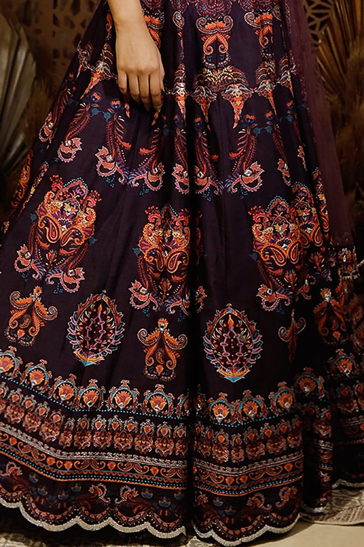 Purple Printed & Embroidered Wedding Lehenga Set by Archana Kochhar at Pernia's Pop Up Shop