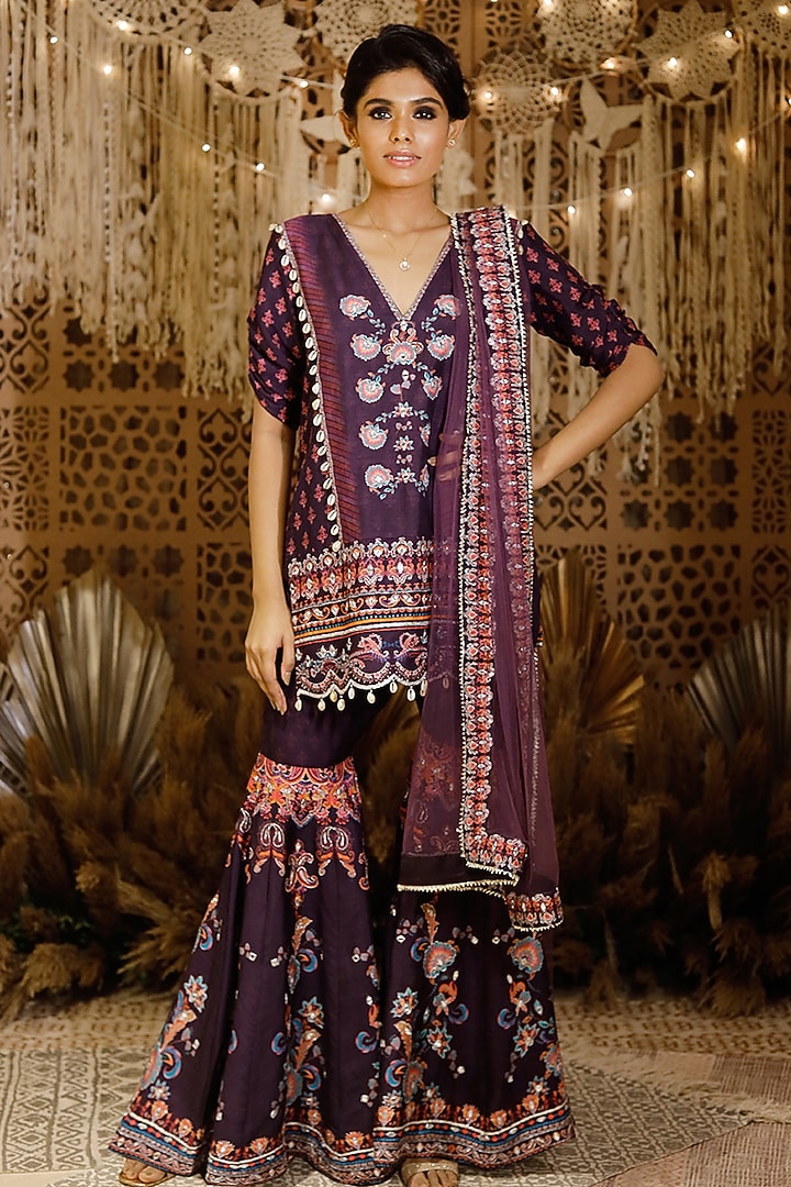 Purple Embroidered Wedding Sharara Set by Archana Kochhar at Pernia's Pop Up Shop