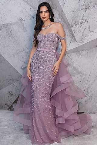 Lilac Net Cutdana Bead Embellished Corset Gown by Archana Kochhar